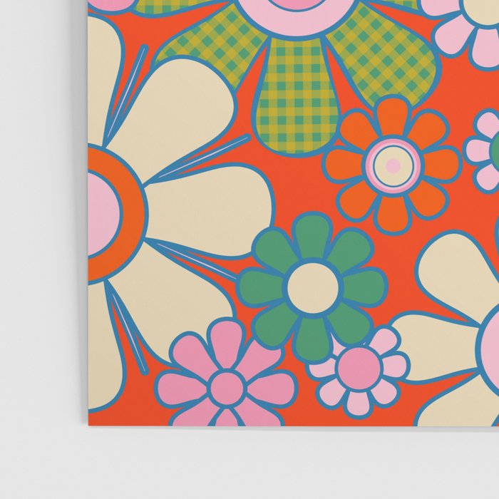Retro Garden Gingham Flowers Vivid 60s 70s Floral Pattern Red Green Pink Poster Gallery Image 3