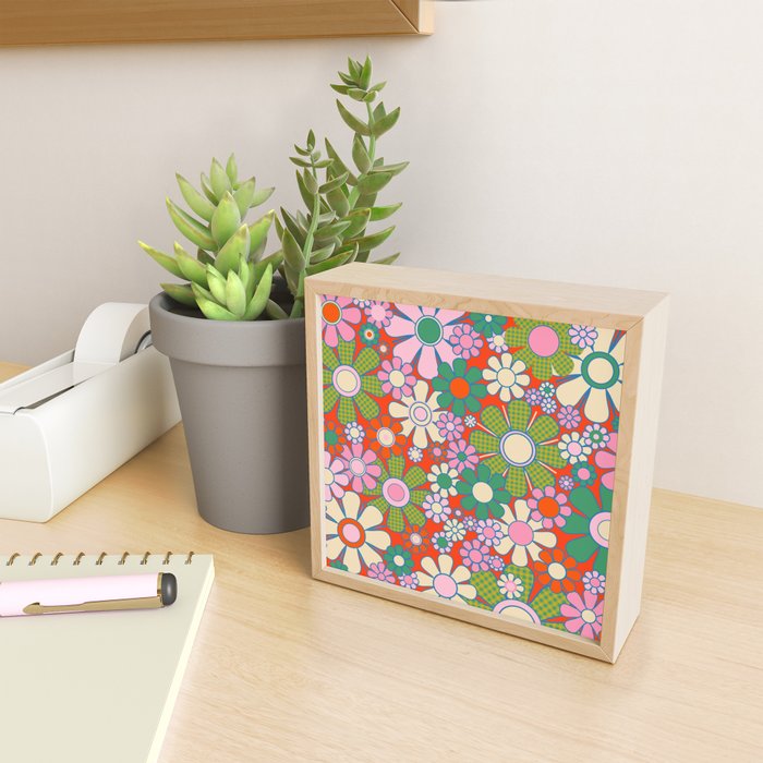 Retro Garden Gingham Flowers Vivid 60s 70s Floral Pattern Red Green Pink Mini Art Print Gallery Image 2