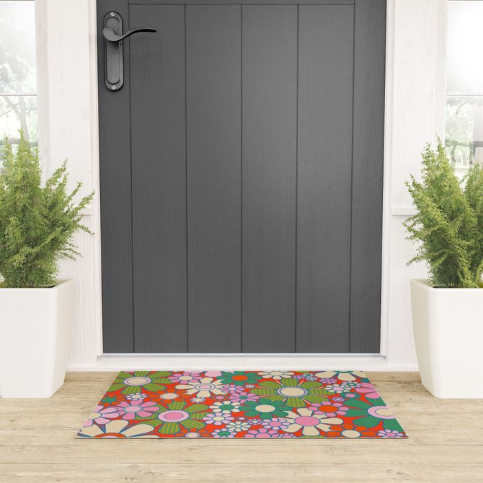 Retro Garden Gingham Flowers Vivid 60s 70s Floral Pattern Red Green Pink Welcome Mat Gallery Image 3