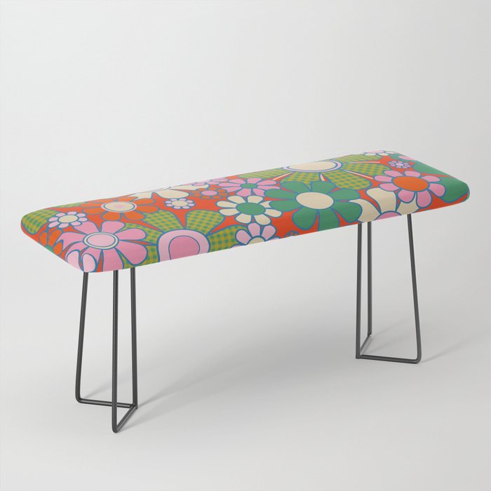 Retro Garden Gingham Flowers Vivid 60s 70s Floral Pattern Red Green Pink Bench Gallery Image 1