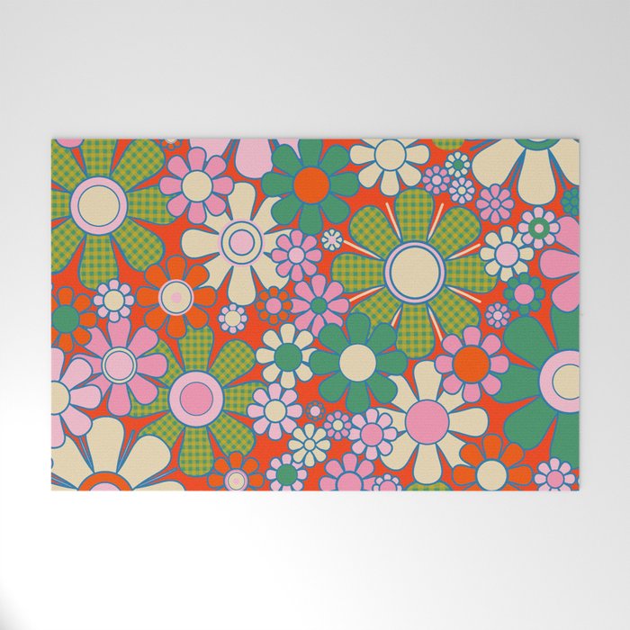 Retro Garden Gingham Flowers Vivid 60s 70s Floral Pattern Red Green Pink Welcome Mat Gallery Image 1