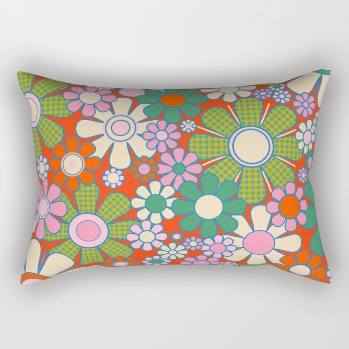 Retro Garden Gingham Flowers Vivid 60s 70s Floral Pattern Red Green Pink Rectangular Pillow Gallery Image 2