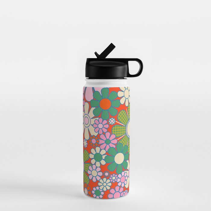 Retro Garden Gingham Flowers Vivid 60s 70s Floral Pattern Red Green Pink Water Bottle Gallery Image 1