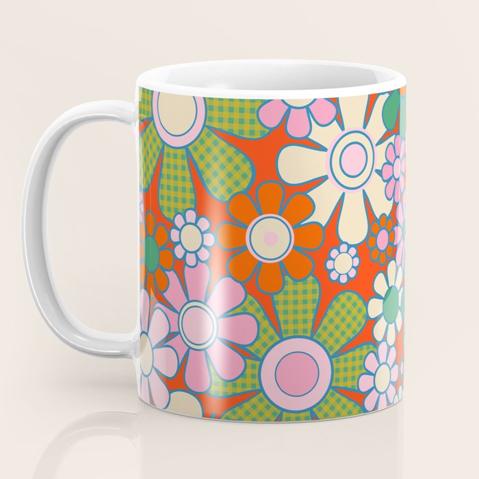 Retro Garden Gingham Flowers Vivid 60s 70s Floral Pattern Red Green Pink Coffee Mug Gallery Image 3