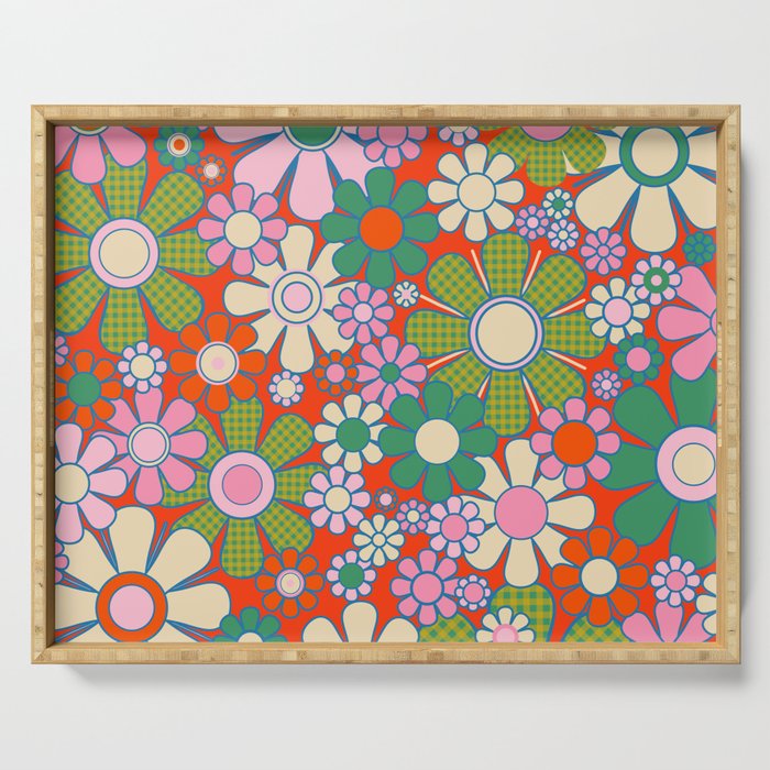 Retro Garden Gingham Flowers Vivid 60s 70s Floral Pattern Red Green Pink Serving Tray Gallery Image 1
