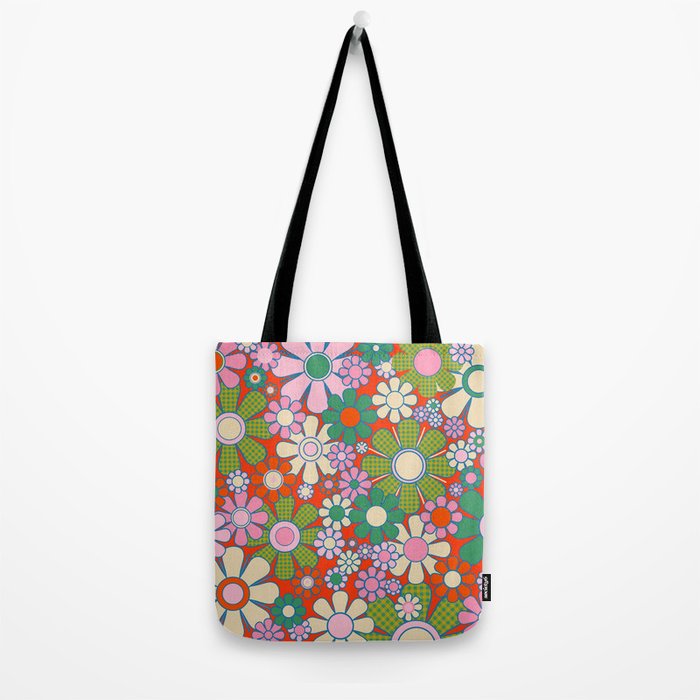 Retro Garden Gingham Flowers Vivid 60s 70s Floral Pattern Red Green Pink Tote Bag Gallery Image 2