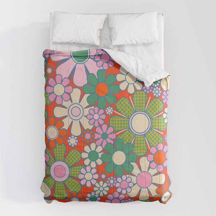 Retro Garden Gingham Flowers Vivid 60s 70s Floral Pattern Red Green Pink Comforter Gallery Image 6