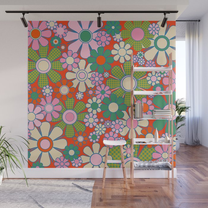 Retro Garden Gingham Flowers Vivid 60s 70s Floral Pattern Red Green Pink Wall Mural Gallery Image 1