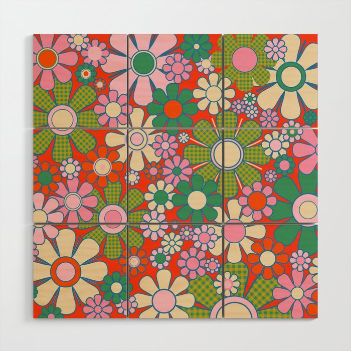 Retro Garden Gingham Flowers Vivid 60s 70s Floral Pattern Red Green Pink Wood Wall Art Gallery Image 1