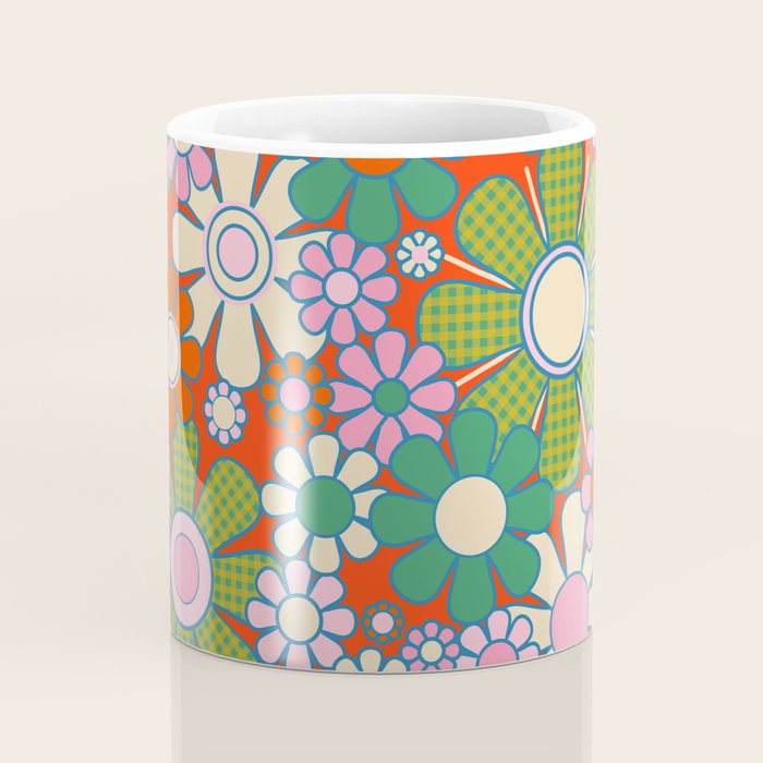 Retro Garden Gingham Flowers Vivid 60s 70s Floral Pattern Red Green Pink Coffee Mug Gallery Image 4