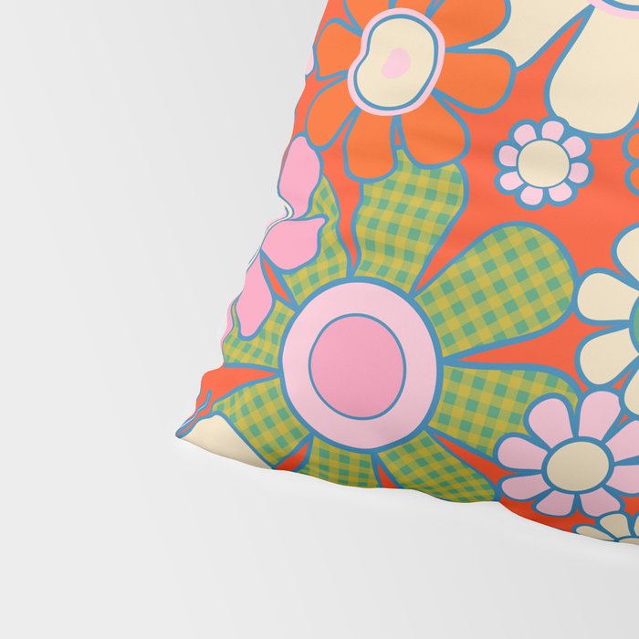 Retro Garden Gingham Flowers Vivid 60s 70s Floral Pattern Red Green Pink Pillow Sham Gallery Image 4