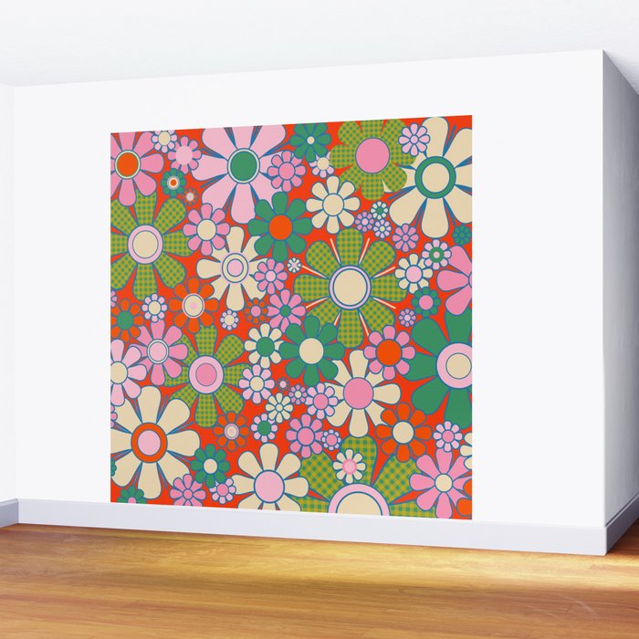 Retro Garden Gingham Flowers Vivid 60s 70s Floral Pattern Red Green Pink Wall Mural Gallery Image 2