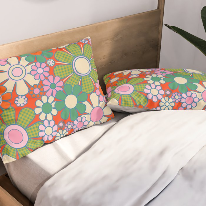 Retro Garden Gingham Flowers Vivid 60s 70s Floral Pattern Red Green Pink Pillow Sham Gallery Image 2