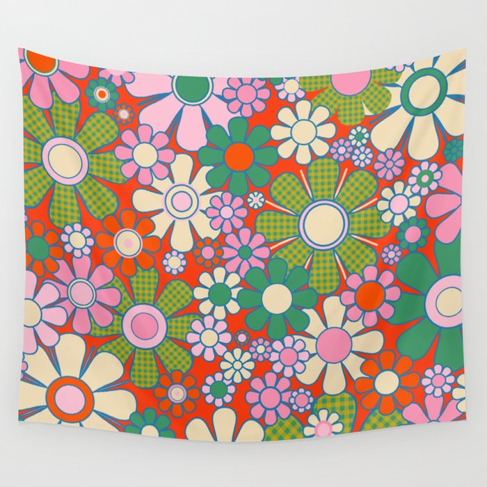 Retro Garden Gingham Flowers Vivid 60s 70s Floral Pattern Red Green Pink Wall Tapestry Gallery Image 4