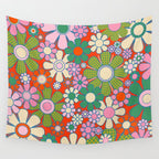 Retro Garden Gingham Flowers Vivid 60s 70s Floral Pattern Red Green Pink Wall Tapestry Gallery Image 4