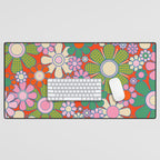 Retro Garden Gingham Flowers Vivid 60s 70s Floral Pattern Red Green Pink Desk Mat Gallery Image 1