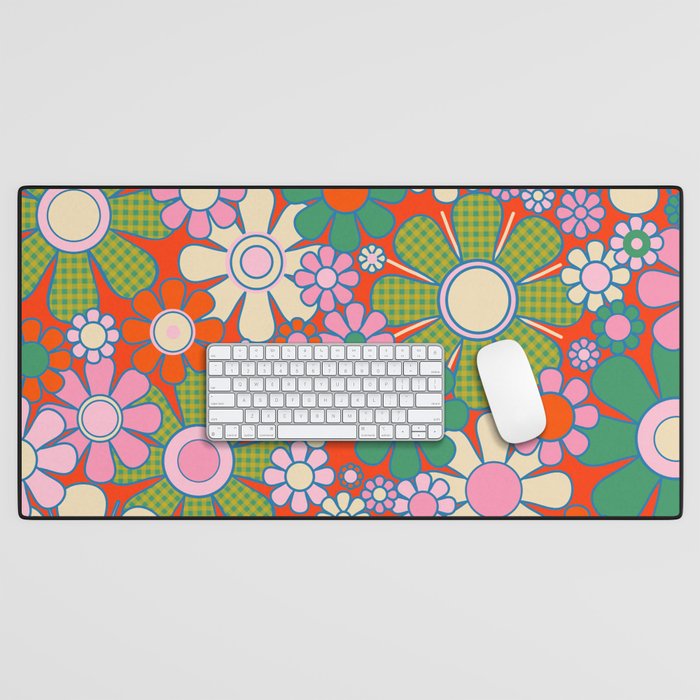 Retro Garden Gingham Flowers Vivid 60s 70s Floral Pattern Red Green Pink Desk Mat Gallery Image 1