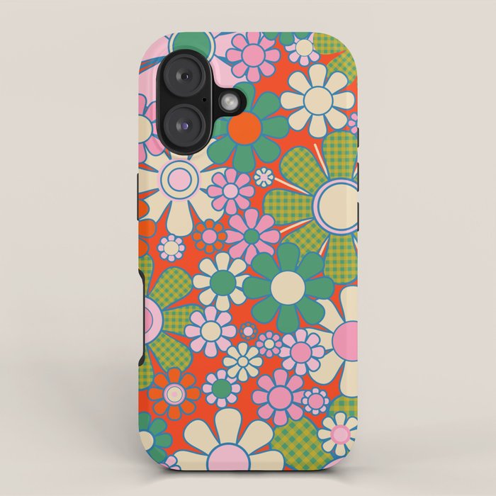 Retro Garden Gingham Flowers Vivid 60s 70s Floral Pattern Red Green Pink iPhone Case Gallery Image 1