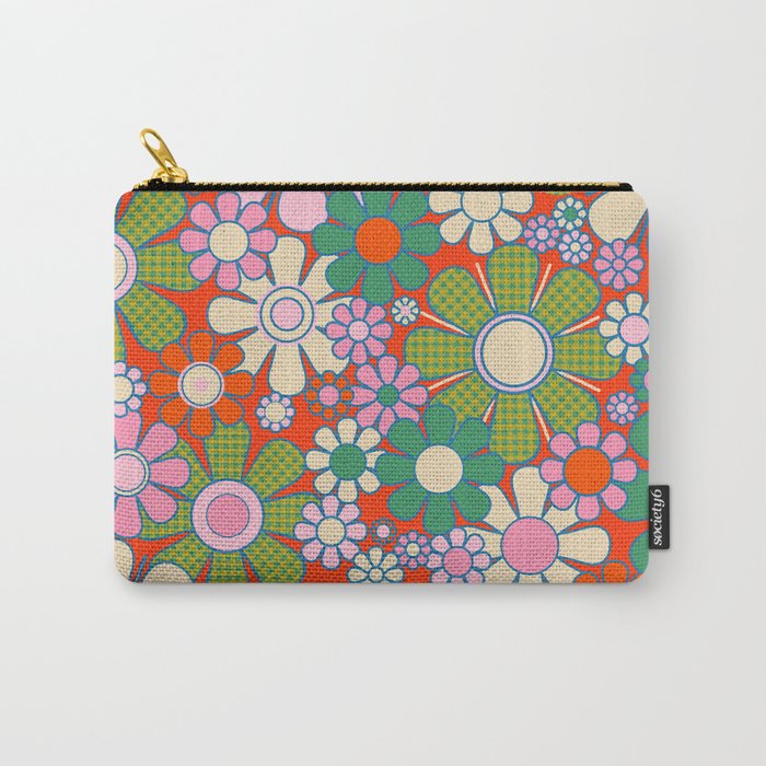 Retro Garden Gingham Flowers Vivid 60s 70s Floral Pattern Red Green Pink Carry All Pouch Gallery Image 1