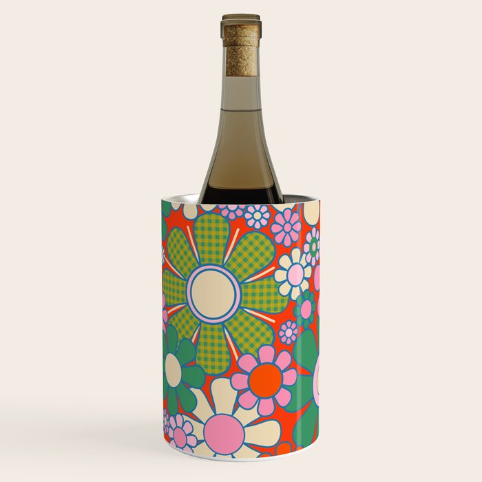 Retro Garden Gingham Flowers Vivid 60s 70s Floral Pattern Red Green Pink Wine Chiller Gallery Image 3