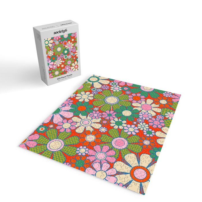 Retro Garden Gingham Flowers Vivid 60s 70s Floral Pattern Red Green Pink Jigsaw Puzzle Gallery Image 2