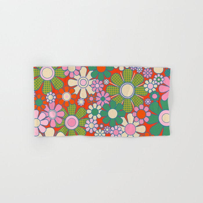 Retro Garden Gingham Flowers Vivid 60s 70s Floral Pattern Red Green Pink Bath Towel Gallery Image 1
