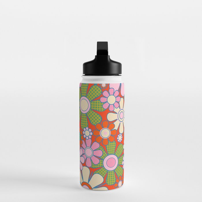 Retro Garden Gingham Flowers Vivid 60s 70s Floral Pattern Red Green Pink Water Bottle Gallery Image 3