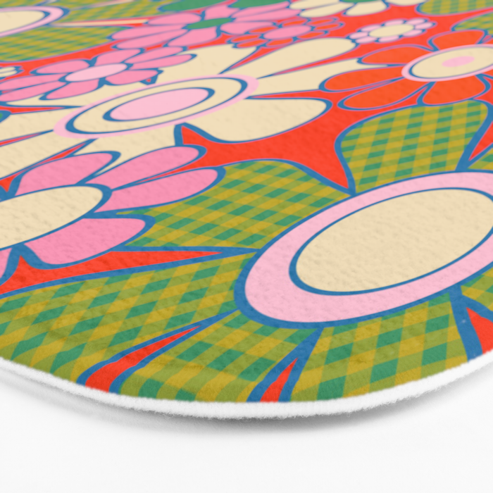 Retro Garden Gingham Flowers Vivid 60s 70s Floral Pattern Red Green Pink Bath Mat Gallery Image 3