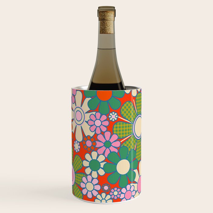 Retro Garden Gingham Flowers Vivid 60s 70s Floral Pattern Red Green Pink Wine Chiller Gallery Image 1