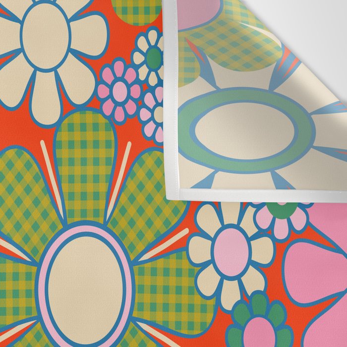 Retro Garden Gingham Flowers Vivid 60s 70s Floral Pattern Red Green Pink Wall Tapestry Gallery Image 3