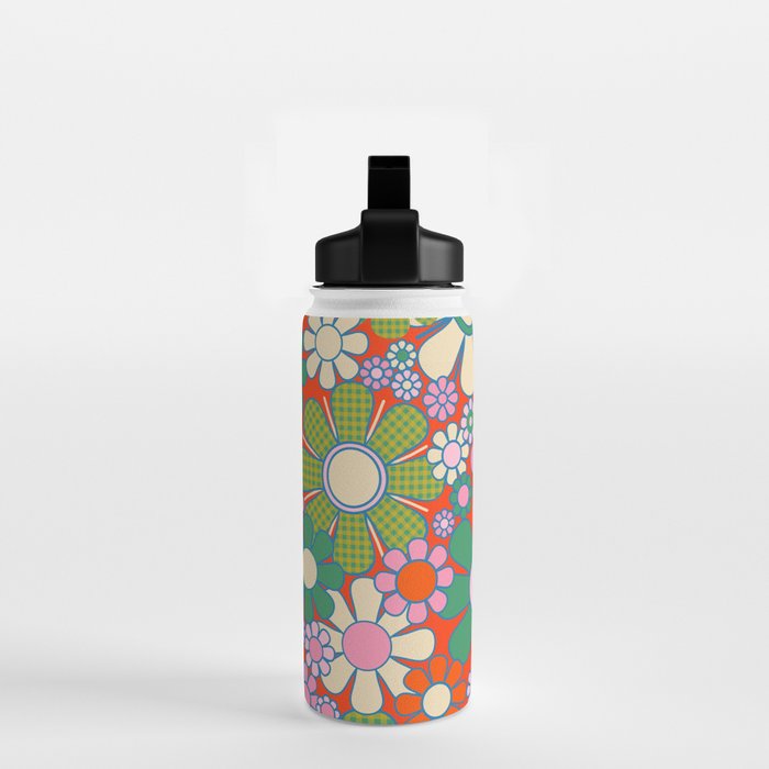 Retro Garden Gingham Flowers Vivid 60s 70s Floral Pattern Red Green Pink Water Bottle Gallery Image 2