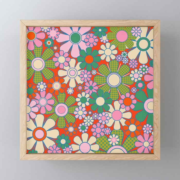 Retro Garden Gingham Flowers Vivid 60s 70s Floral Pattern Red Green Pink Mini Art Print Gallery Image 1