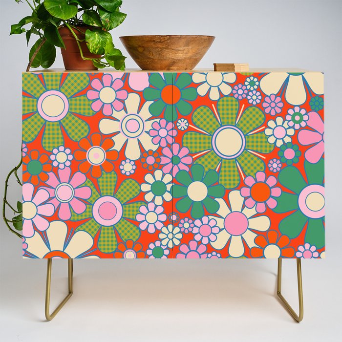 Retro Garden Gingham Flowers Vivid 60s 70s Floral Pattern Red Green Pink Credenza Gallery Image 1
