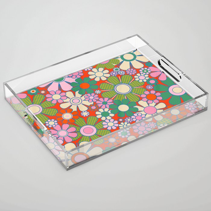 Retro Garden Gingham Flowers Vivid 60s 70s Floral Pattern Red Green Pink Acrylic Tray Gallery Image 1