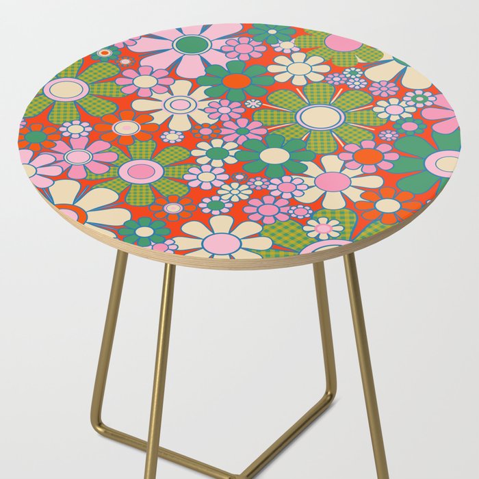 Retro Garden Gingham Flowers Vivid 60s 70s Floral Pattern Red Green Pink Side Table Gallery Image 2