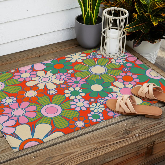 Retro Garden Gingham Flowers Vivid 60s 70s Floral Pattern Red Green Pink Outdoor Rug Gallery Image 2