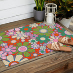 Retro Garden Gingham Flowers Vivid 60s 70s Floral Pattern Red Green Pink Outdoor Rug Gallery Image 2