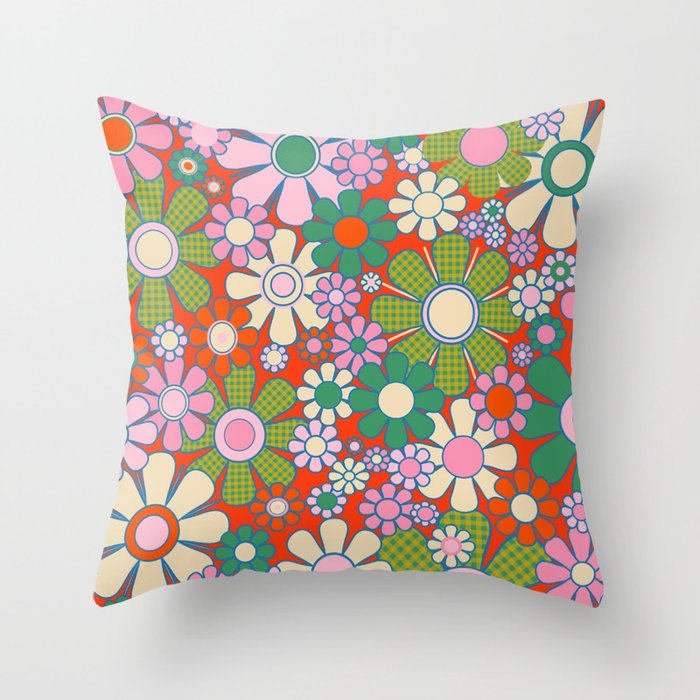 Retro Garden Gingham Flowers Vivid 60s 70s Floral Pattern Red Green Pink Throw Pillow Gallery Image 6