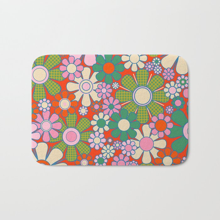 Retro Garden Gingham Flowers Vivid 60s 70s Floral Pattern Red Green Pink Bath Mat Gallery Image 1
