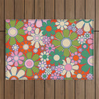 Retro Garden Gingham Flowers Vivid 60s 70s Floral Pattern Red Green Pink Outdoor Rug Gallery Image 1