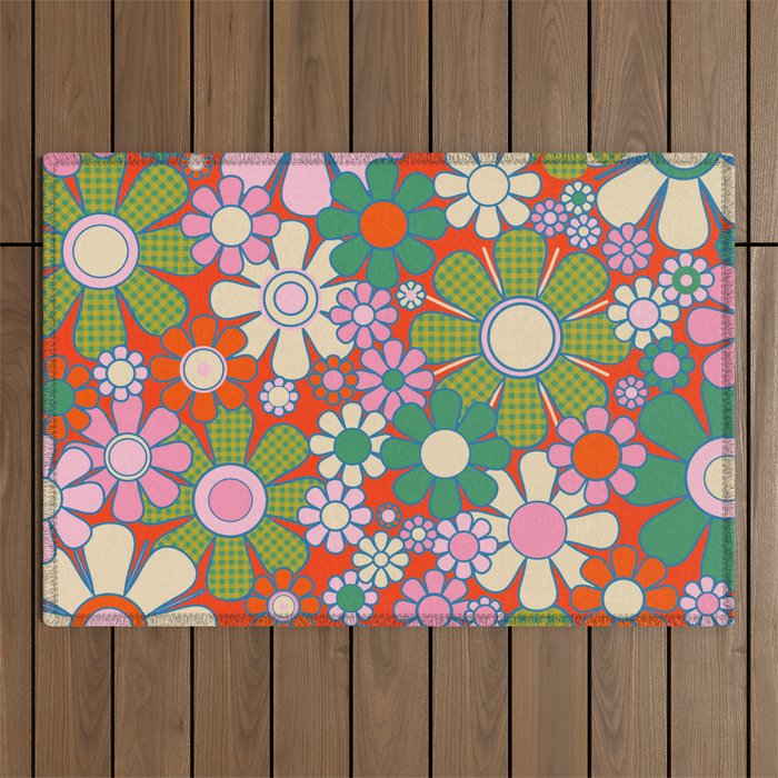 Retro Garden Gingham Flowers Vivid 60s 70s Floral Pattern Red Green Pink Outdoor Rug Gallery Image 1