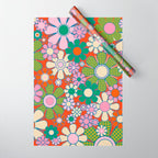 Retro Garden Gingham Flowers Vivid 60s 70s Floral Pattern Red Green Pink Wrapping Paper Gallery Image 1