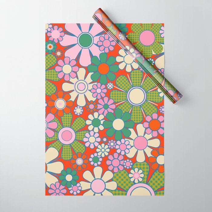 Retro Garden Gingham Flowers Vivid 60s 70s Floral Pattern Red Green Pink Wrapping Paper Gallery Image 1