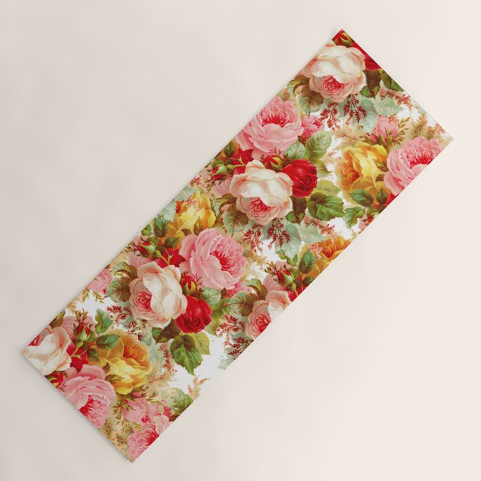 Boho chic pink yellow red roses floral vintage painting Yoga Mat Gallery Image 1