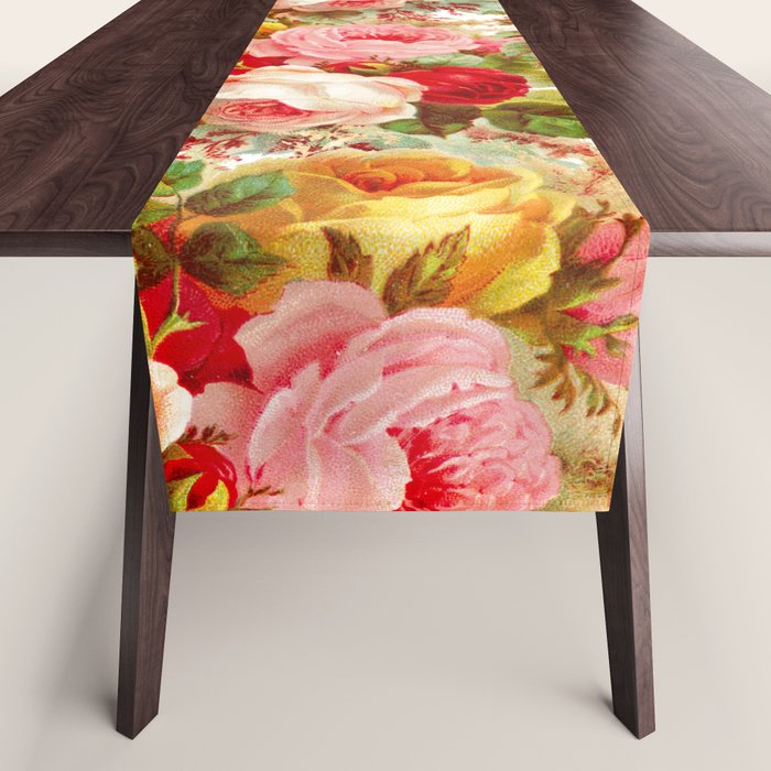 Boho chic pink yellow red roses floral vintage painting Table Runner Gallery Image 1