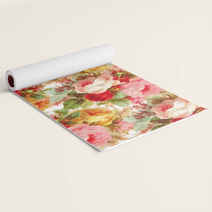 Boho chic pink yellow red roses floral vintage painting Yoga Mat Gallery Image 2