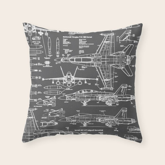 F-18 Blueprints // Charcoal-Grey Throw Pillow Gallery Image 6