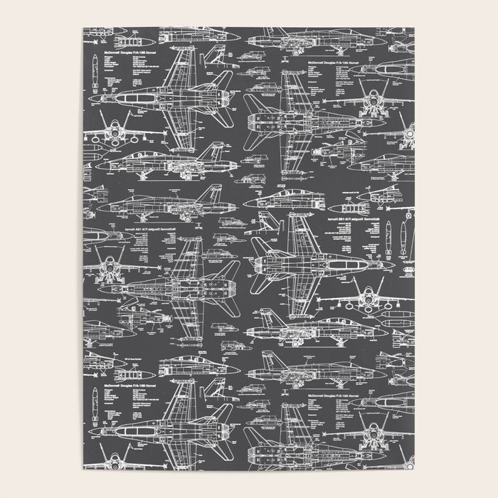 F-18 Blueprints // Charcoal-Grey Poster Gallery Image 1