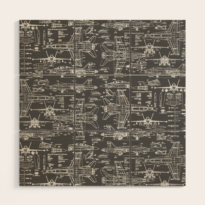 F-18 Blueprints // Charcoal-Grey Wood Wall Art Gallery Image 1