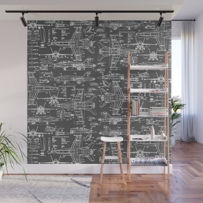F-18 Blueprints // Charcoal-Grey Wall Mural Gallery Image 1